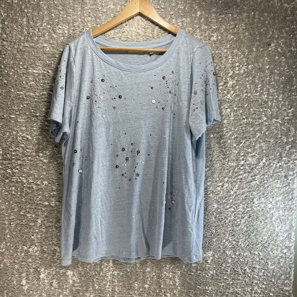 Soft Surroundings Linen Blouse Top Blue L Embellished Studded Preppy Vacation